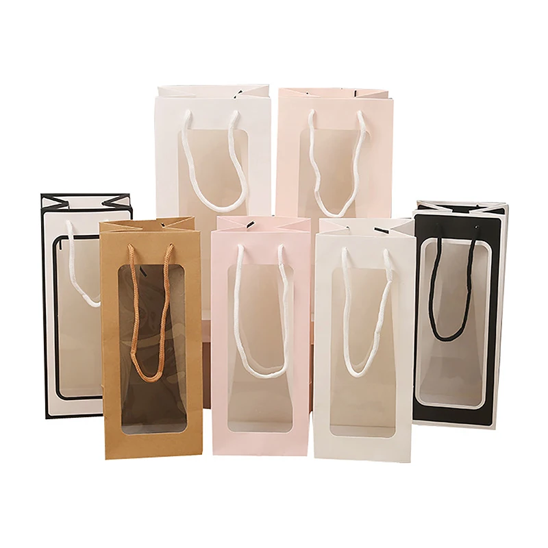 Single Bottle Kraft Paper Wine Gift Bag with Transparent PVC Window, Reusable Rectangul... - SKU KPWB2208 - UGI Packaging