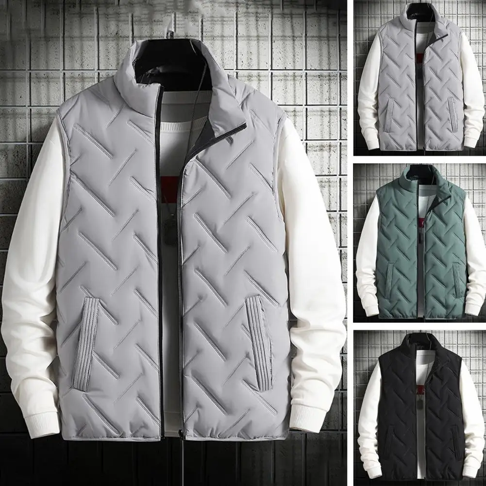 

Men Vest Men's Winter Sleeveless Jacket Thickened Cotton-padded Vest with Stand Collar Zipper Closure Solid Color for Casual