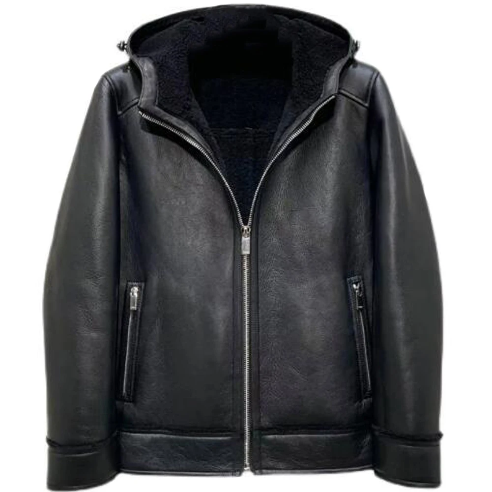 Denny&Dora Short Sheepskin Jacket For Men Hooded Flight Jacket Mens Black Shearling Jacket