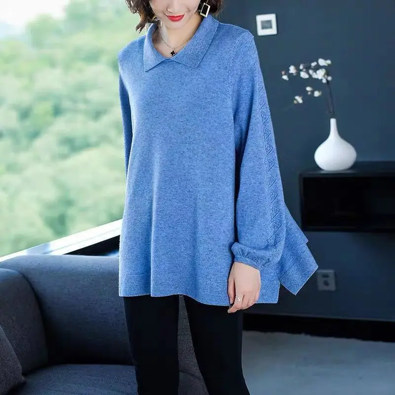 Women's Spring and Autumn Lantern Sleeves Polo Collar Pullover Fashion Loose Casual Comfortable Elegant Versatile Commuter Tops