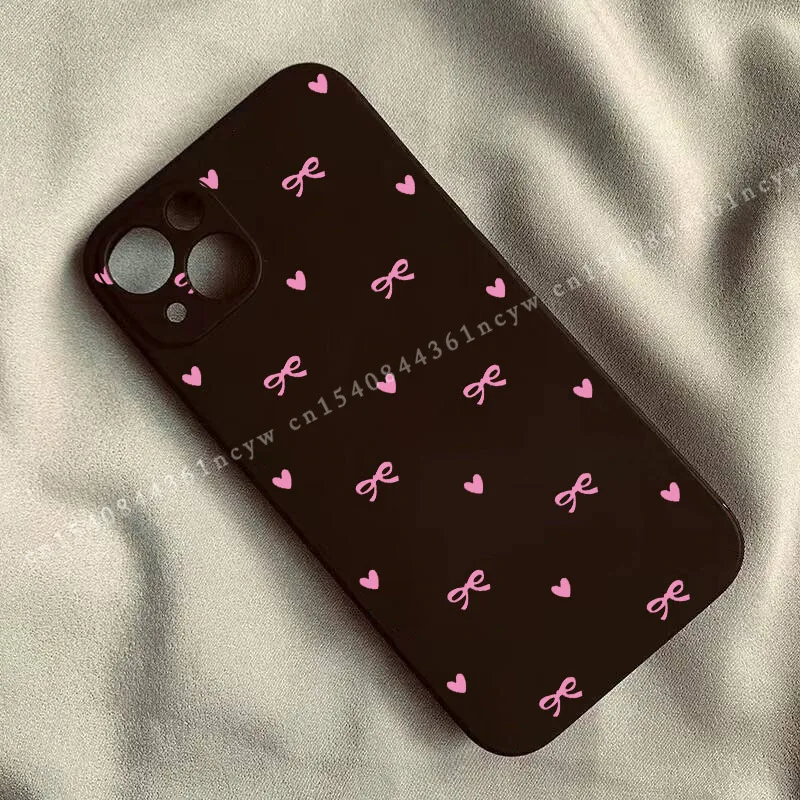 Korean Cute Pink Bow Love Heart Soft Silicone Square Phone Case