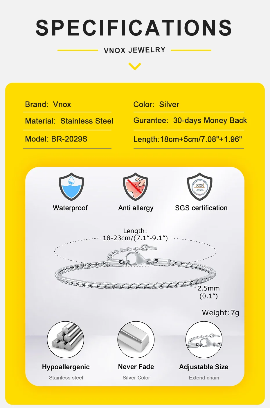 Vnox 2,5 mm schmale gedrehte Schlangenkettenarmbänder für Männer und Frauen, verstellbares, wasserdichtes Gliederkettenarmband aus Edelstahl und Metall – Detail 4