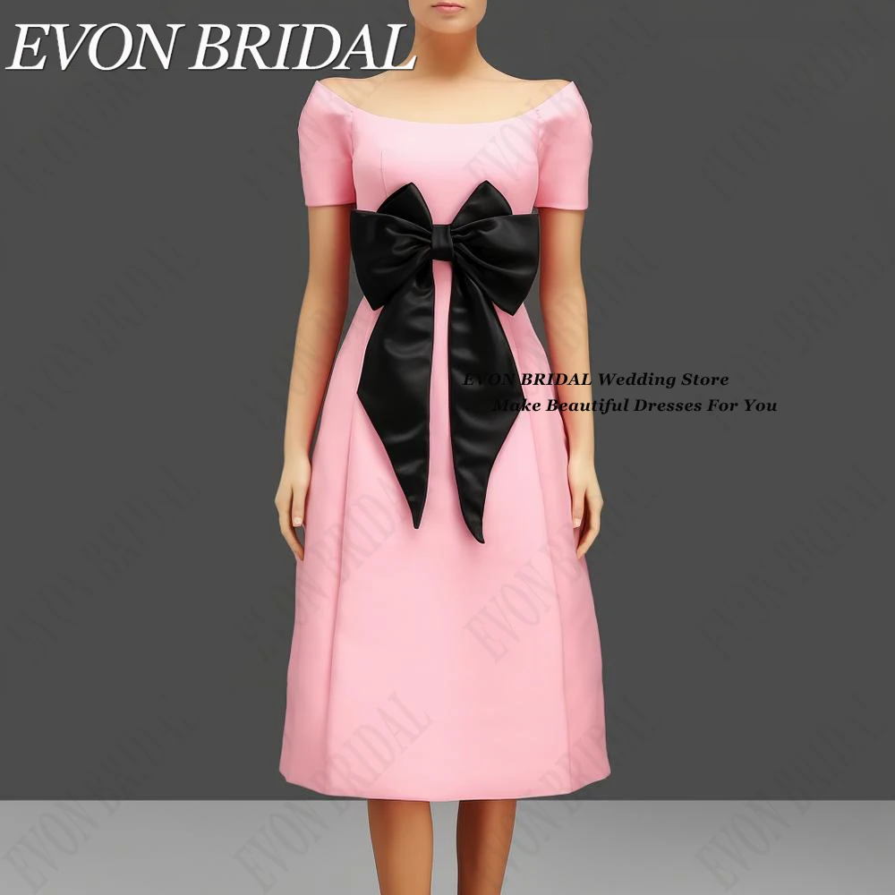 

EVON BRIDAL Pink Prom Dresses With Black Bow Cocktail Party Gowns A-Line Knee-Length Satin vestidos para eventos especiales
