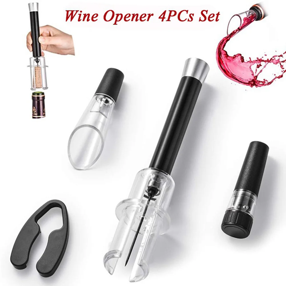Wine Opener 4pcs Kit Air Pressure Bottle Opener Corkscrew Wine Pourer Vacuum Stopper Foil Cutter Accessory Gift Set
