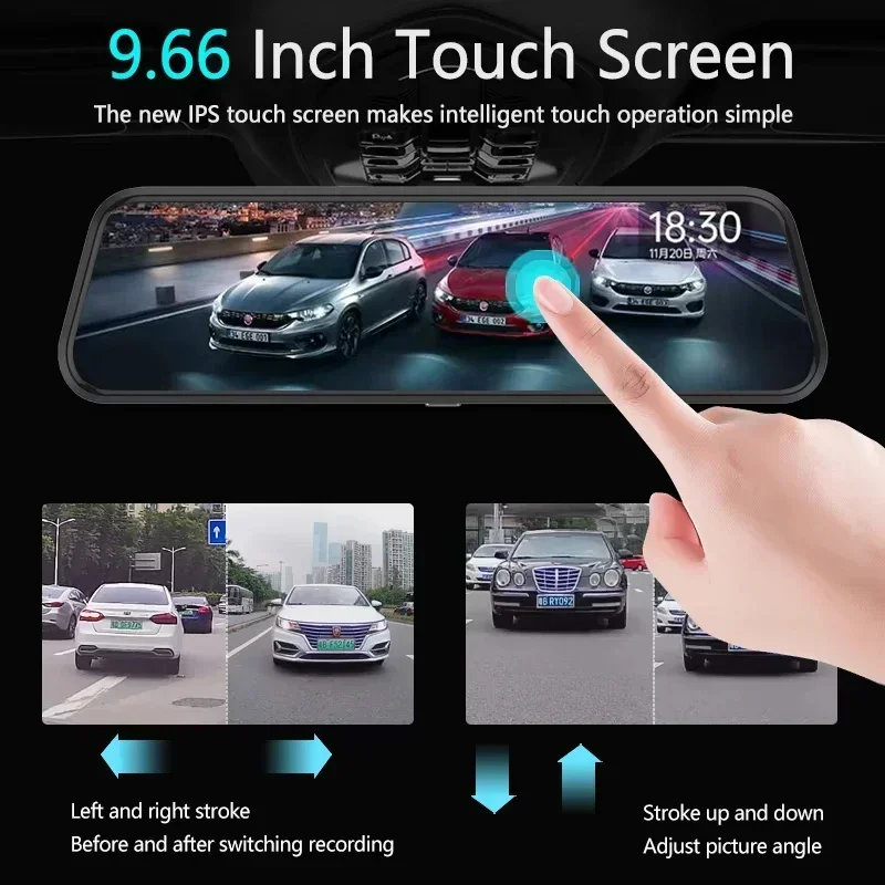 9.66" 4K Rear View Mirror Camera with Carplay Android Auto Touch Screen Backup Camera Front and Rear View Dual Cameras for Car view 3