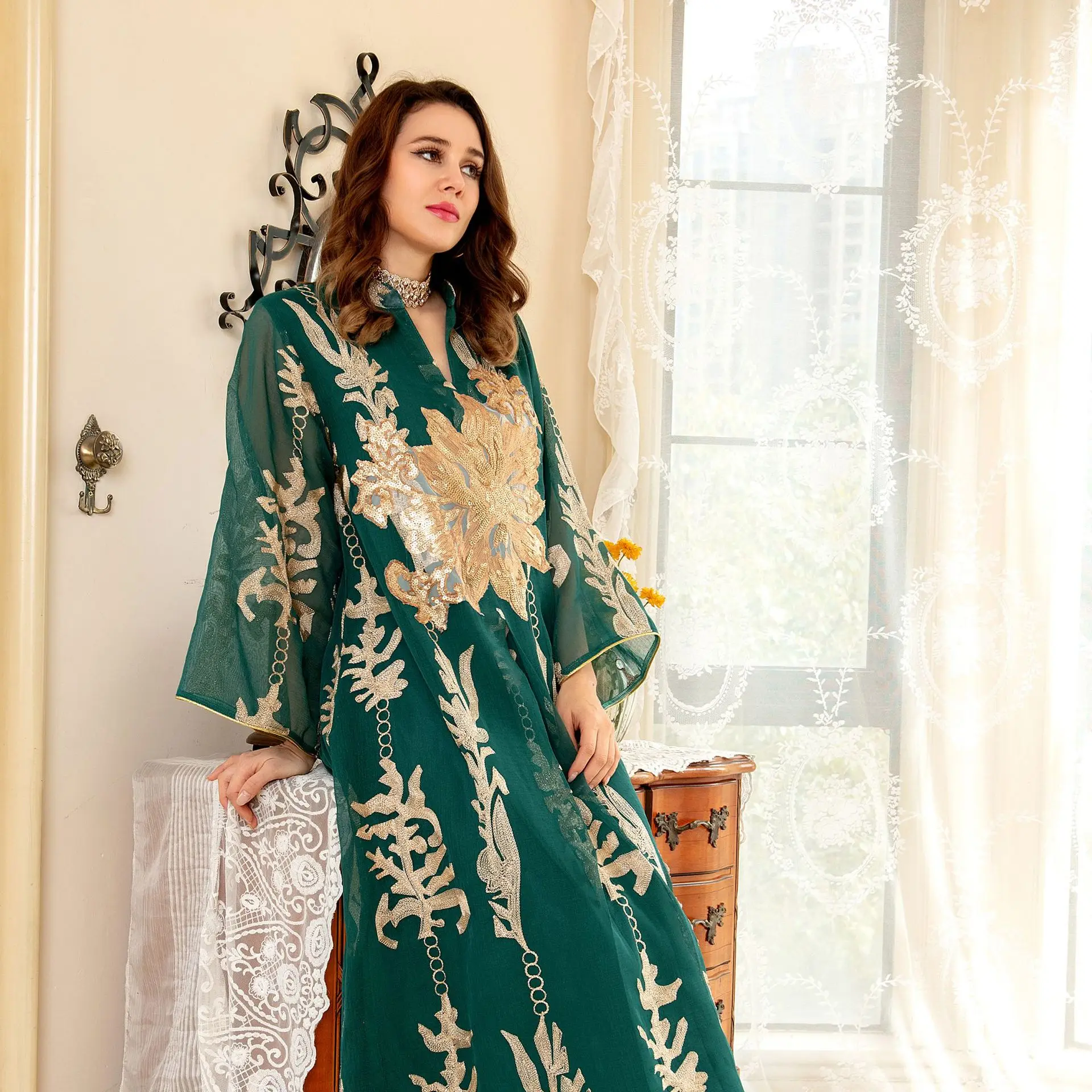 Arab Abaya Female Dubai Modest Casual Mesh Lace Insert Embroidery Notched V-Neck Full Sleeve Muslim Woman Long Dresses
