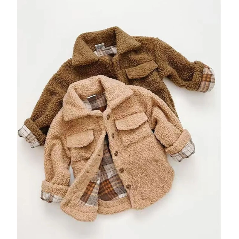 FOCUSNORM 0-5Y Winter Infant Kids Boys Wools Jacket Lapel Long Sleeve Fur Plaid Long Sleeve Single Breasted Double-sided Coat