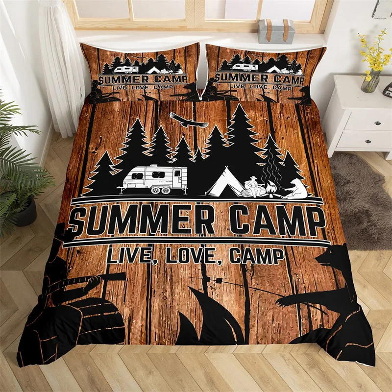 Copripiumino Da Campeggio King Camper Chitarra Barbecue Set Biancheria Da Letto Copripiumino In Legno Vintage Microfibra Jungle Tree Eagle Animal Bed 