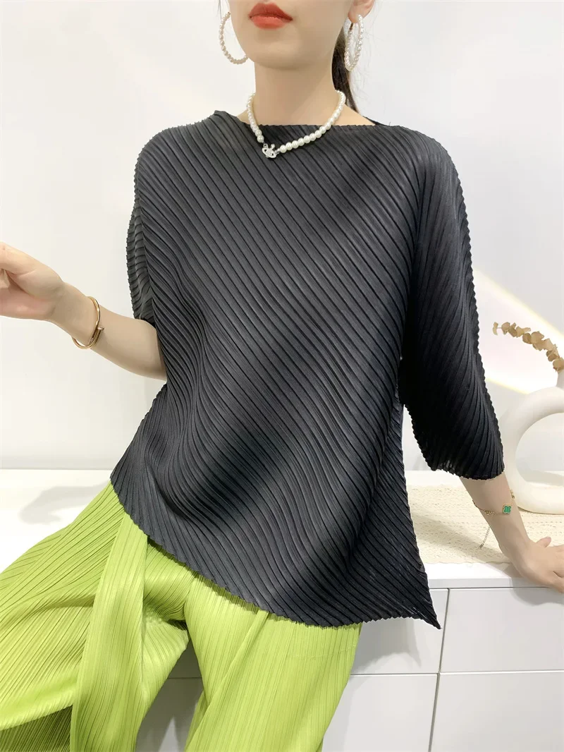 

Miyake Summer Women Rregular T-shirts Fold Pleated Tops Inclined Comfortable Solid Color Casual Elegant Aesthetic Clothes Z524
