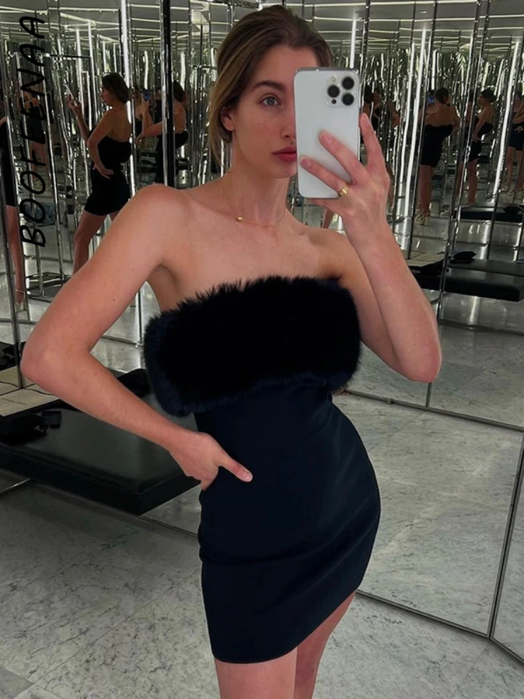 

BOOFEENAA Sexy Furry Tube Dress Party Night 2024 Summer Fashion Black Bodycon Short Dresses Club Outfits for Women C83-CZ28