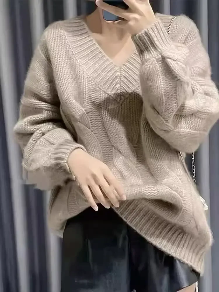 Autumn and Winter New Women's Clothing V-neck Retro Twist Women's Long-sleeved Sweater Elegant Solid Color Knitwear Pullovers