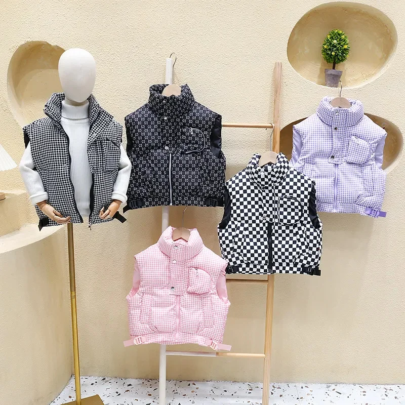 

Plaid Toddler Vest Button Zipper Pocket Boys and Girls Jacket 2023 New Winter Fashion Warm for Kids Children