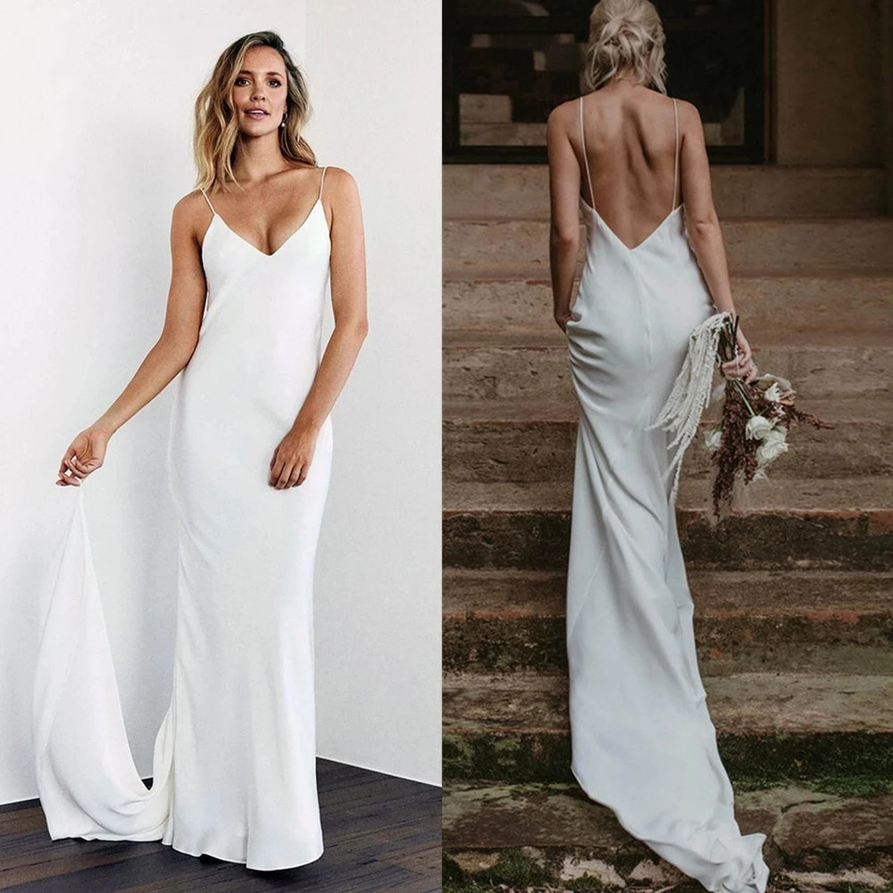 

Simple Mermaid Boho Wedding Dresses Sexy Backleess 2021 Spaghetti Strap Satin Chiffon Bridal Gowns V-neck Beach Vestido De Noiva