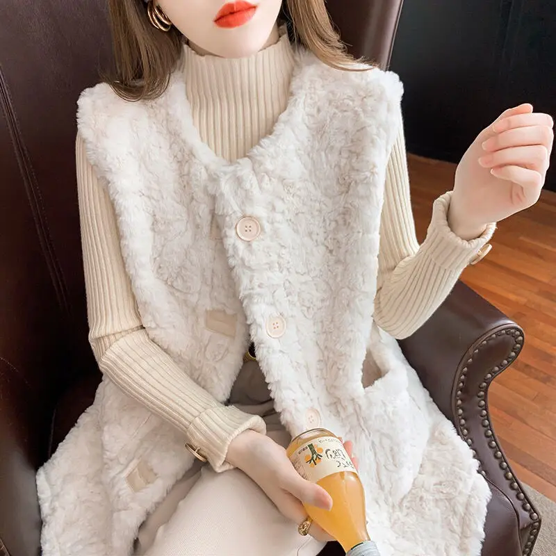 

Женская куртка из искусственного меха, зимняя женская теплая жилетка с круглым вырезом и воротником из искусственного меха, новая верхняя одежда, Женский однотонный жилет из искусственного меха, пальто G324