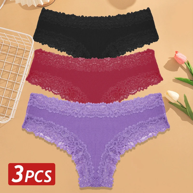 3PCS/Set Women Cotton Panties Floral Lace Brazilian Panties Sexy Low Waist Lingerie Female Soft Underwear Solid T-Back Bikini