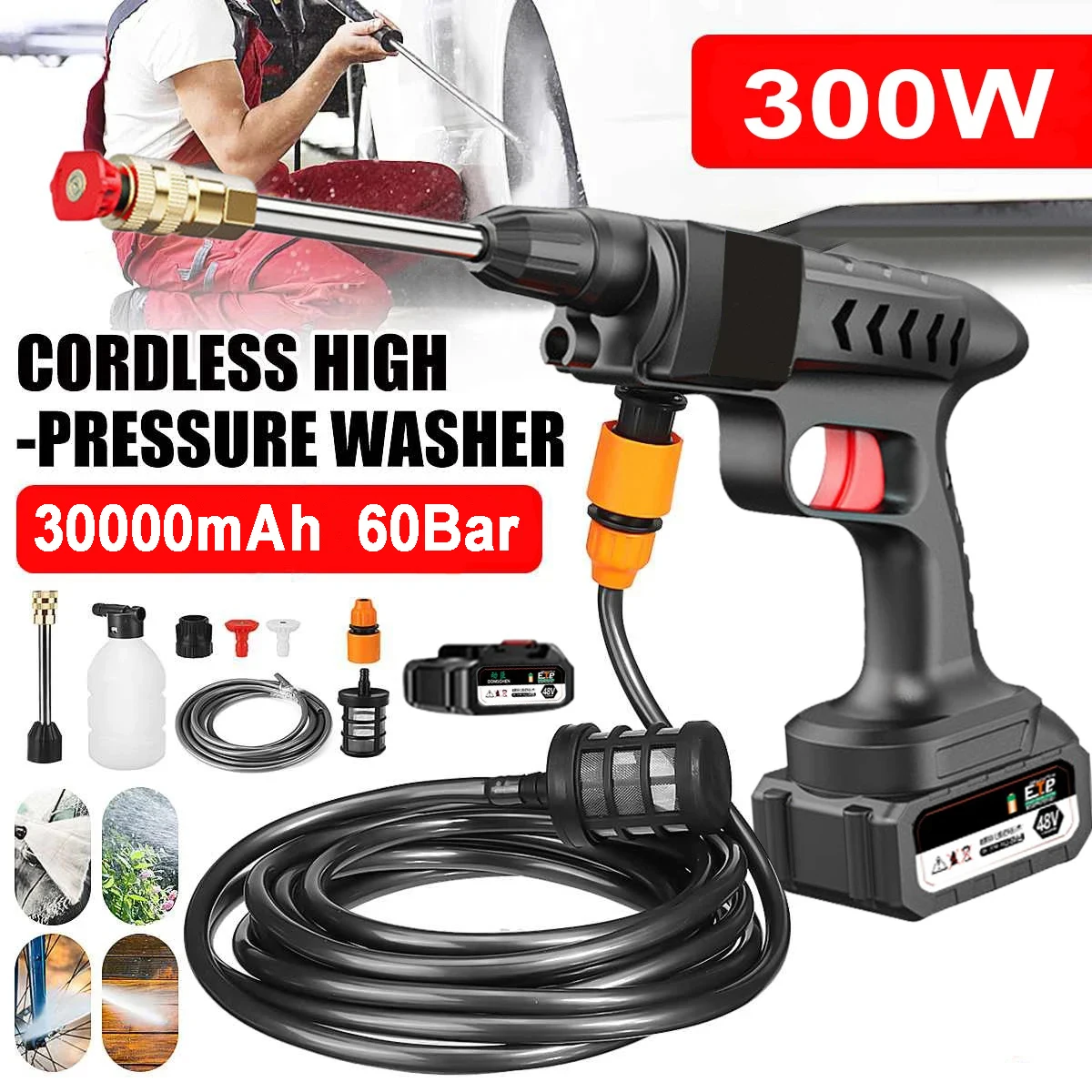 

30000mAh Wireless High Pressure Car Water Gun Cleaner 300W 60Bar Foam Generator Cleaning Machine for Car Garden Cleaning Tool