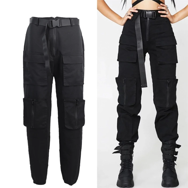 Women Black Cargo Pants with Multi Pockets Patchwork Harajuku High Waist Up Baggy Loose Jogger Trousers Sweatpants Dropship