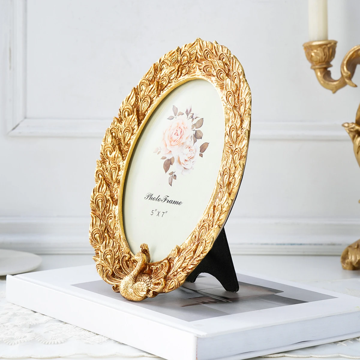 1PC, creative retro peacock photo frame display stand, golden carved home decoration frame, resin craft gift