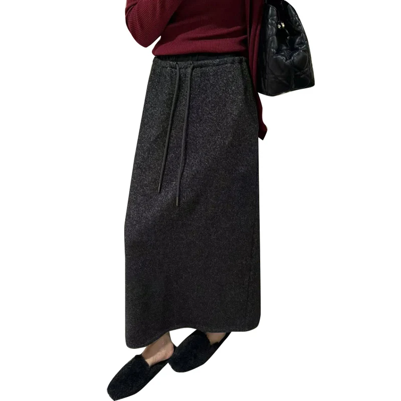 Korean Style Pregnant Woman Drawstring Waist Long Step Skirt with Pockets Back Split Long Loose Casual Maternity Cashmere Skirts