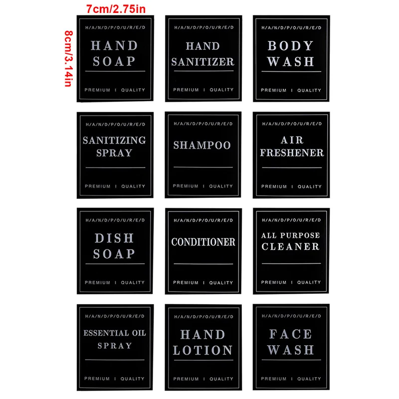 12PCS White Black Soap Dispenser Waterproof Sticker Bathroom Jar Storage Label Shower Shampoo Lotion Conditioner Bottle Stickers