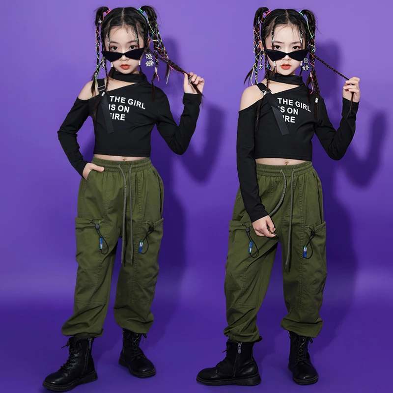 

New Hip Hop Girls Clothes Black Tops Green Pants Jazz Performance Suit Kids Modern Dance Costume Kpop Street Dance Wear BL10603