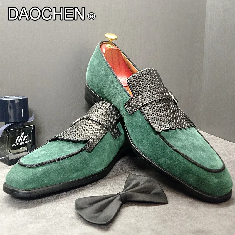 LUXURY MEN'S LOAFERS SLIP ON BUCKLE STRAP SHOES CASUAL DRESS MAN SHOES TASSELS WEDDING BANQUET SUEDE LEATHER SHOES MEN