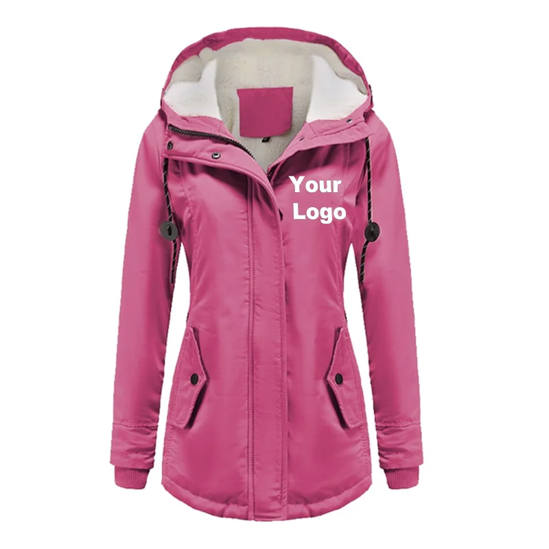Custom Logo Hooded Women Splice Zipper Coats Loose Casual Pockets Regular Thick Full Sleeve Warm Solid Jackets Autumn