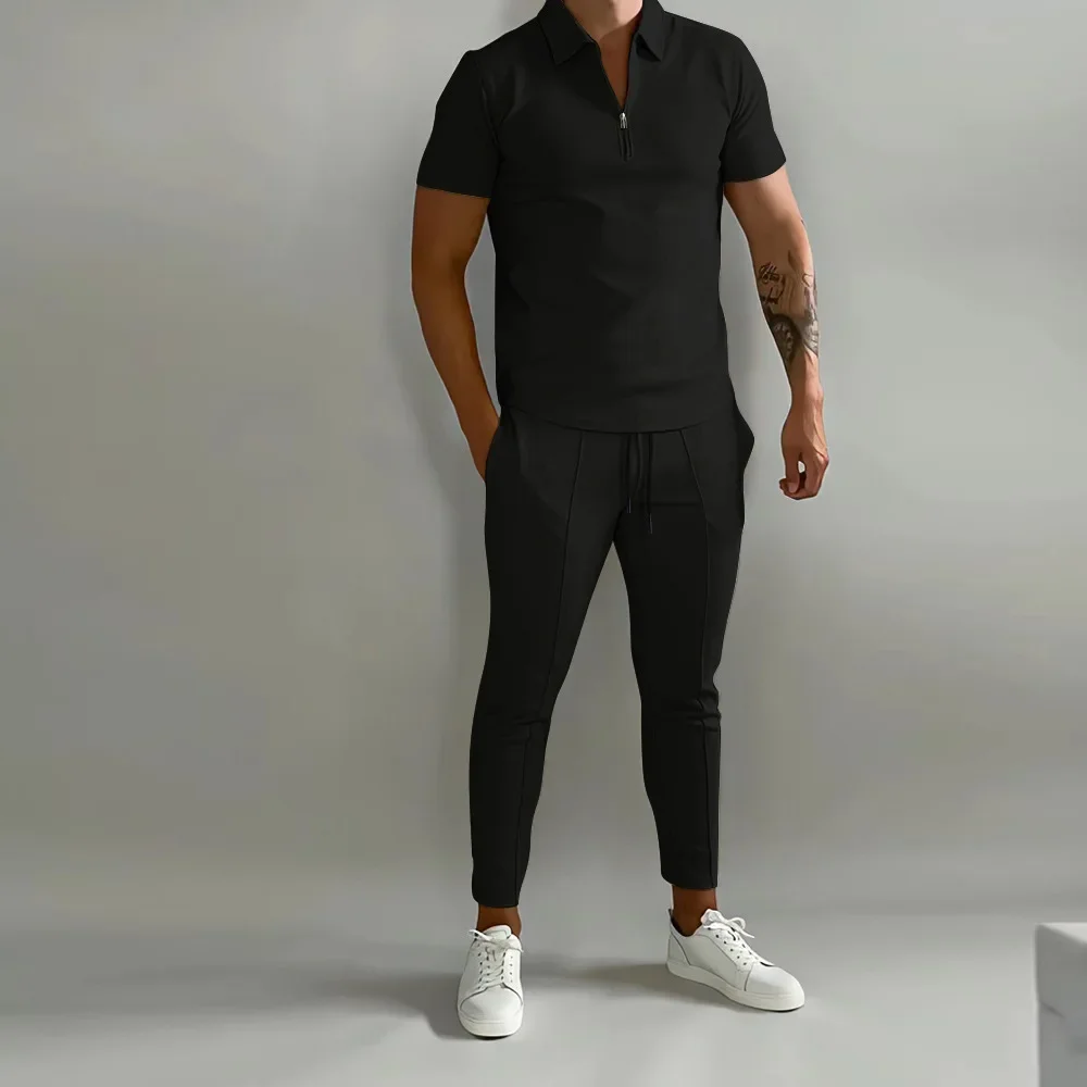 New Summer New Men's Suit Solid Color Short-sleeved Lapel POLO Shirt+sweatpants 2-piece Outdoor Sports and Leisure Suit S-3XL
