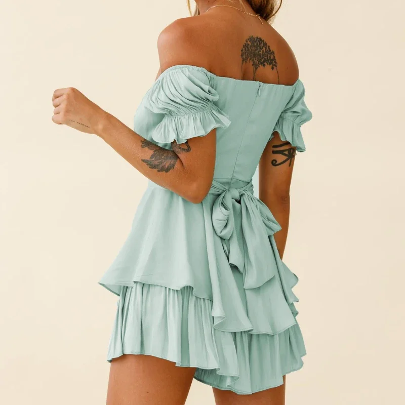Summer Off-shoulder Boho Shorts Romper Women Lantern Short Sleeve Casual Jumpsuit Loose Y2k Dress Party Club Streetwear Outfit