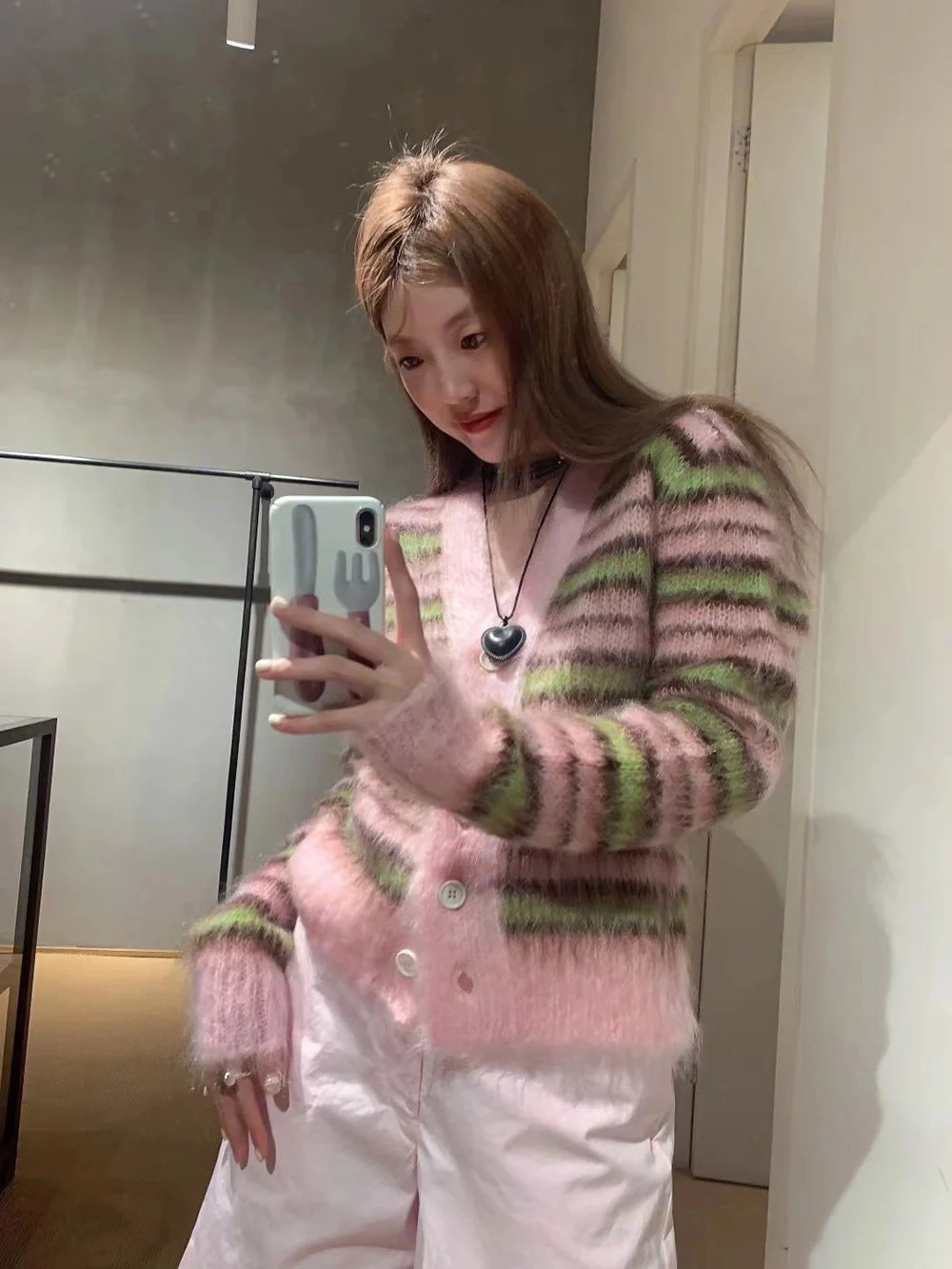 

V-neck Striped Knit Cardigan Women Pink/Green Contrast Color Mohair Long Sleeve Single Breasted Sweater Coat Comfy Autumn Lady