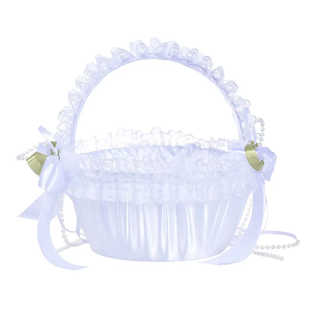 

Romantic Wedding Flower Basket With Rose Decoration Lace Rhinestone Wedding Petal Basket Candy Container For Flower Girls