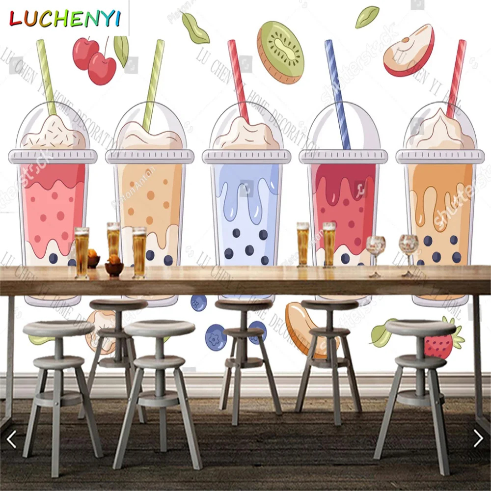 

Custom colorful bubble tea juice Boba mural wallpaper restaurant cold drinking shop dining room wall papers home decor sticker