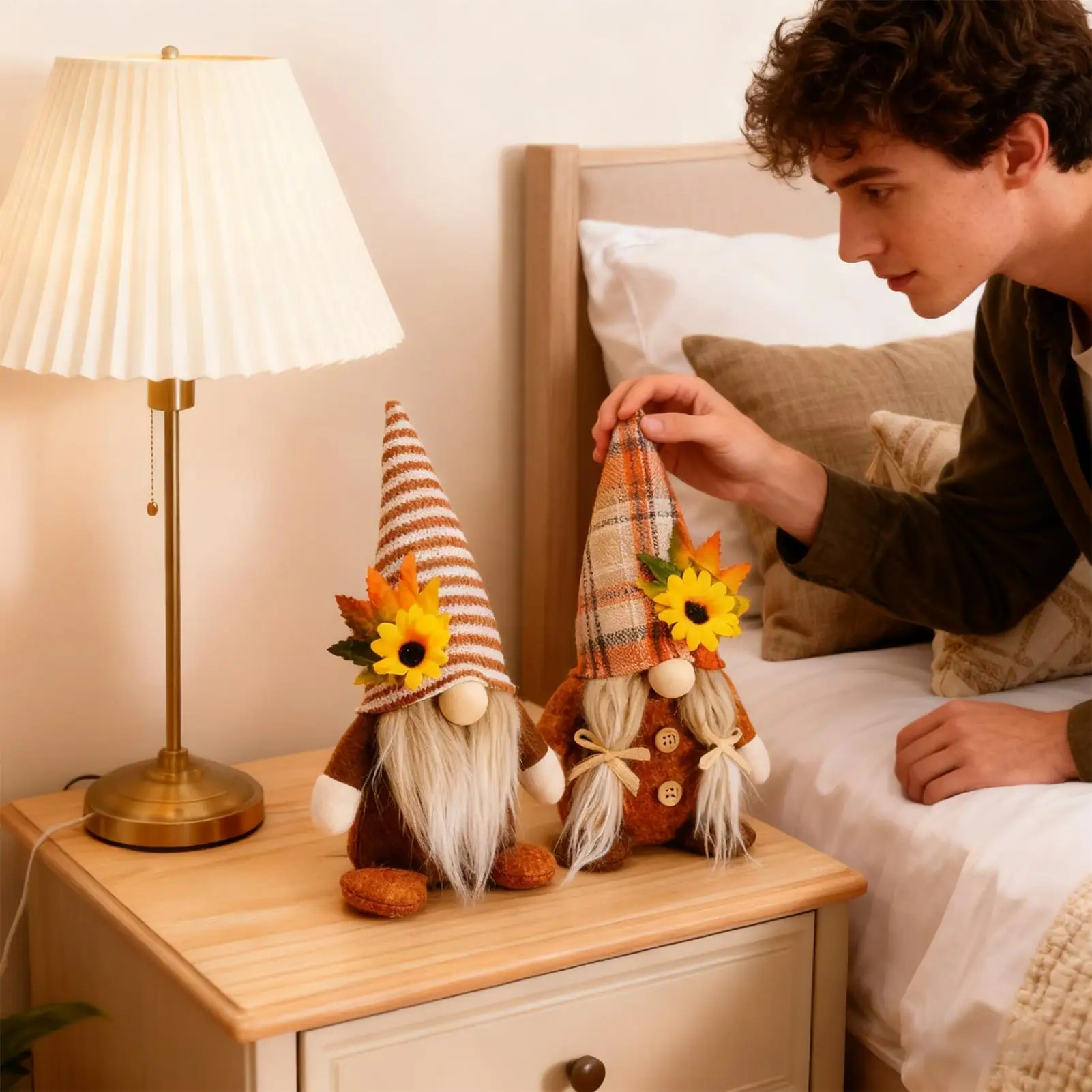 Autumn Gnome Decorations Handmade Festival Faceless Doll Tiered Tray Decor Maple Leaves Sunflower Gnome For Indoor Room Mantel