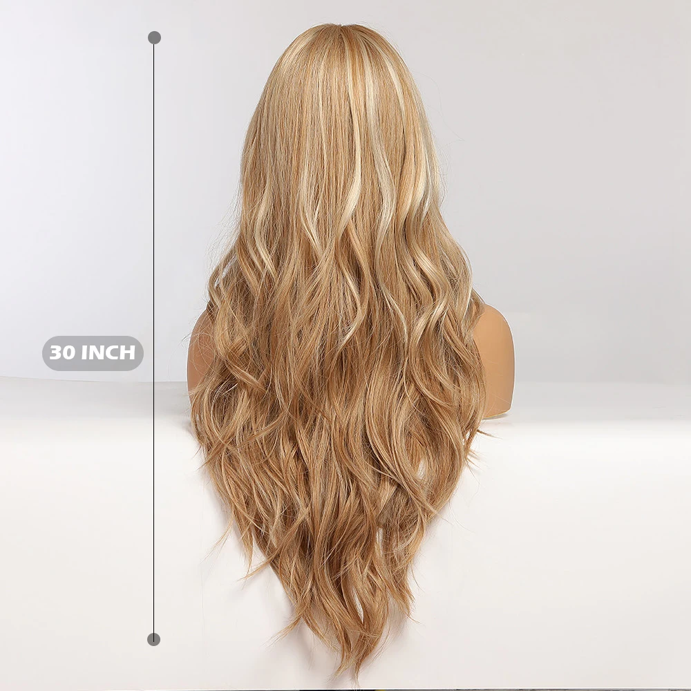 EASIHAIR Golden Highlight Blonde Long Wavy Synthetic Wigs Middle Part Natural Hairs for Women Daily Party Heat Resistant Fibers_voghion.com