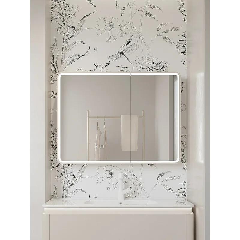

Mirror cabinet Solid wood arc intelligent bathroom wall mounted simple individual bathroom cabinet Mirror wall mounted