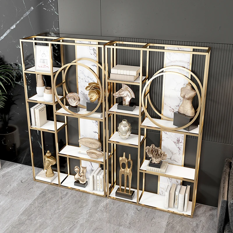 Luxury bookcase antique modern minimalist stainless steel bookcase floor-to-floor living room metal shelf display rack
