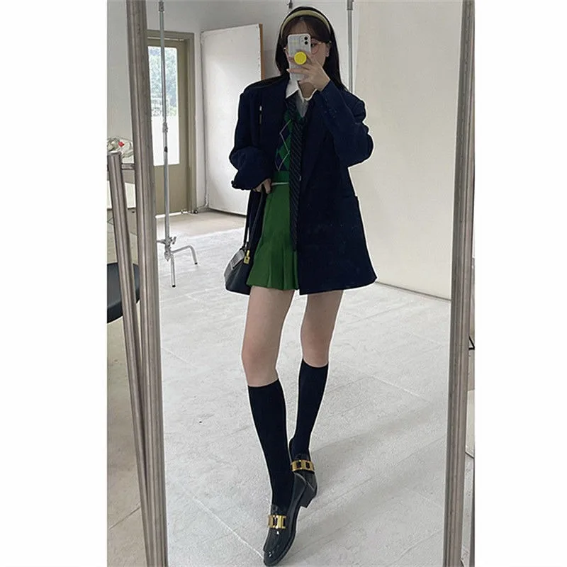 

Women's Dress Sets Navy Blue Blazer+V-Neck Contrast Rhombic Lattice Vest+White Shirt+Asymmetric Skirt Four Piece Lady'S Clothing