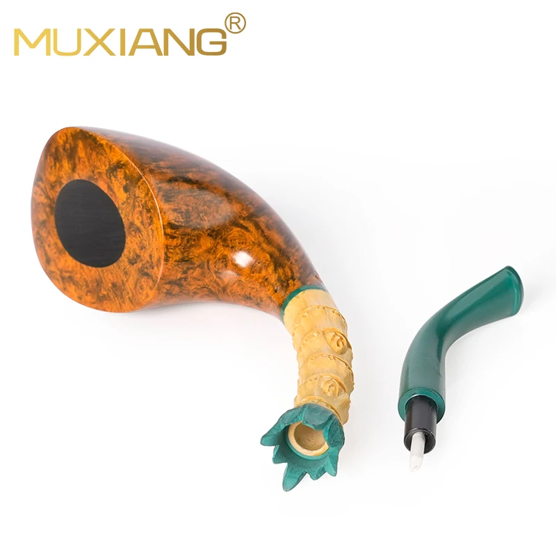 MUXIANG 브라이어 담배 파이프, 손으로 조각한 회양목, 곡선 손잡이, 브라이어 파이프 그릇, 굴착지 파이프 입구, 중국 스타일 파이프