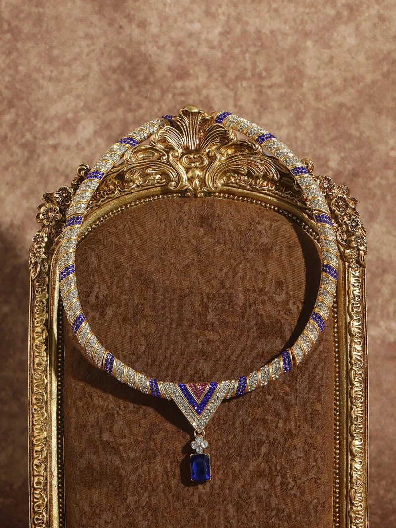 Se57f2a7a45194f1a8089c895df3f9c13O Vintage Blue Zircon Pendant Necklace Gold Color Choker Collar Woman Rhinestone Wedding Accessories Luxury Designer Jewelry Mallzona