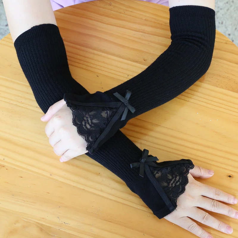 

Autumn and Winter Cashmere Arm Sleeve Long Lace Bow Half Finger Thick Wool Glove Female False Decorative Warm