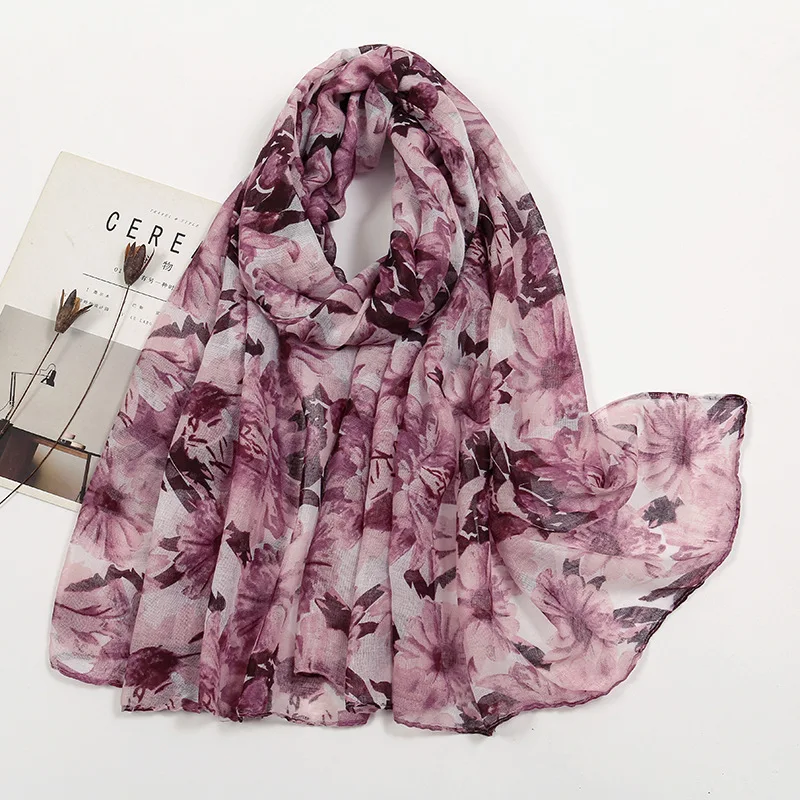 Cotton Linen Scarf for Sun Protection, Floral Print with Soft Touch Scarf, Fashionable and New 3