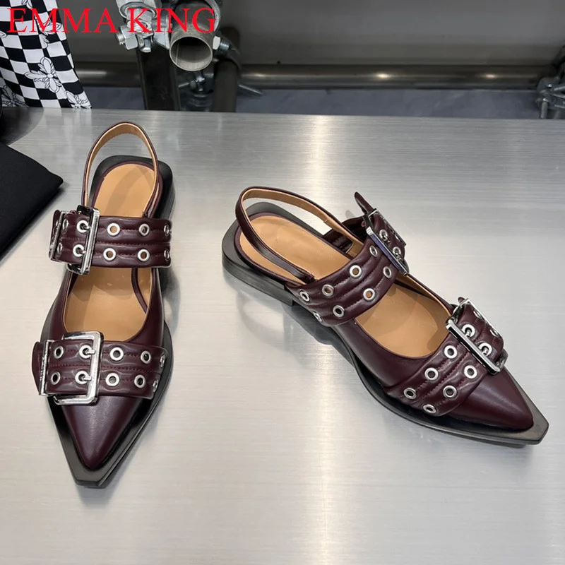

Women's Fashion Leather Buckle Flats Shoes Luxury Designer Pointed Toe Sandals Black Lady Slingback Back Strap Casual Shoes 2023