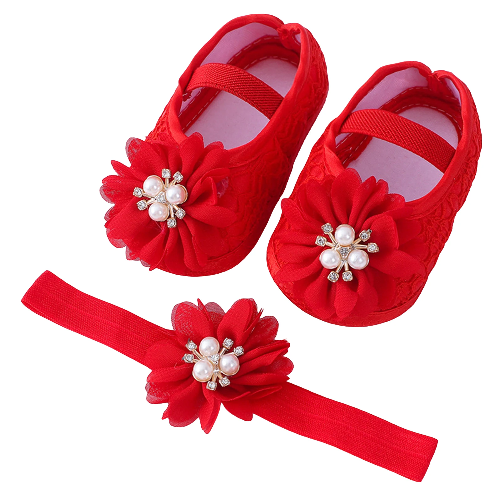 Elegant Infant Girls' Pearl Flower Dress Shoes with Headband