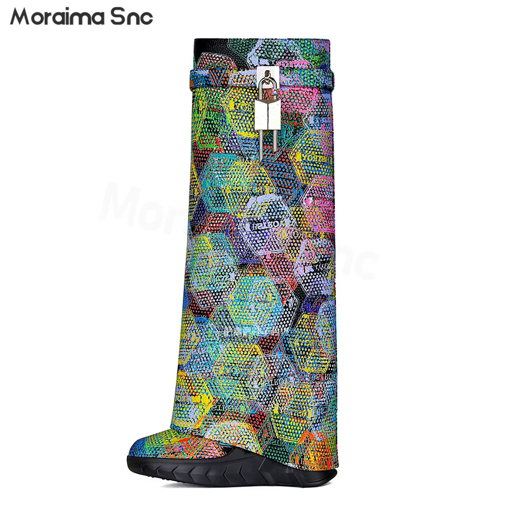 

Colorful Printed Wedge Shark Boots Round Toe Thick Sole Metal Lock Slip On Sleeve Boots Plus Size Fashion Casual Women's Boots