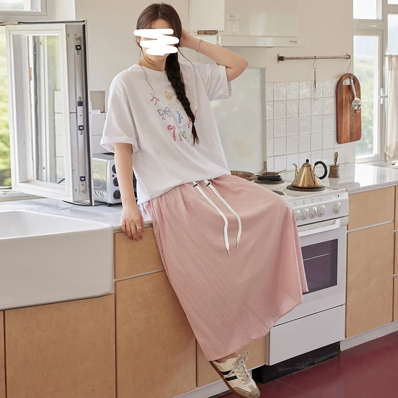 Korean Style Maternity Summer Clothes Set Fashion Print Cotton T-shirt Long Loose Flared Skirt Twinset Pregnant Woman Skirt Sets