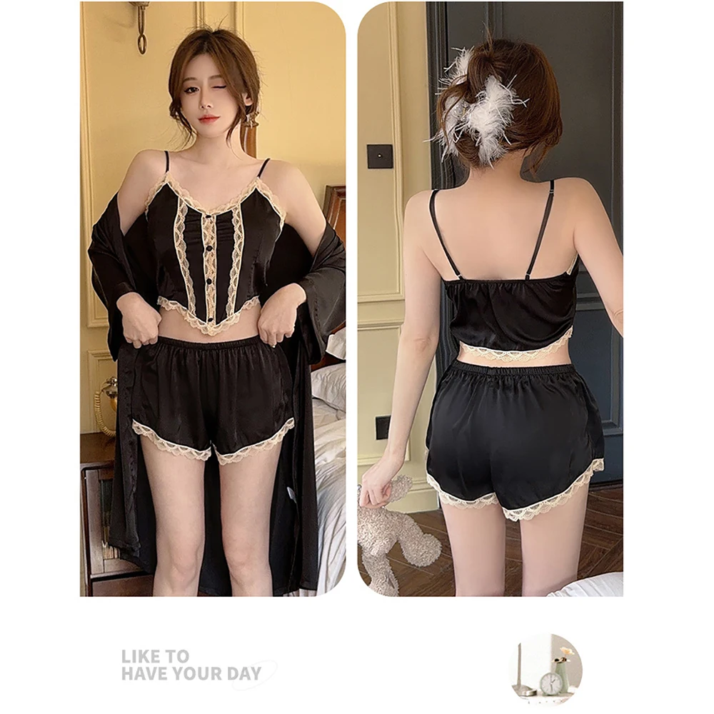 3PCS/Set Luxury Ice Silk Satin Women's Pajama Sets Sexy Lace Patchwork Spaghetti Strap Crop Top With Padded+Sweet Shorts+Robe