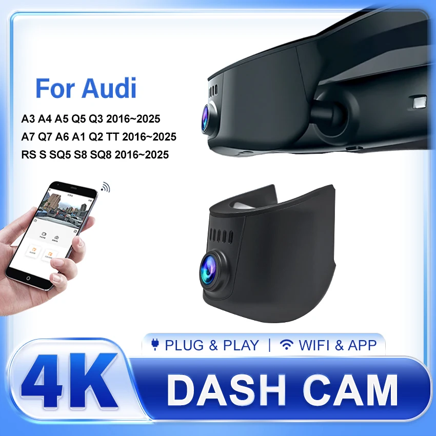 Nuevo Plug and Play 4K 2K WiFi inalámbrico HD DVR cámara de salpicadero para Audi 2016-2025 A3 A4 A5 Q5 Q3 A6 A7 Q7 A1 Q2 TT RS S SQ5 S8 SQ8