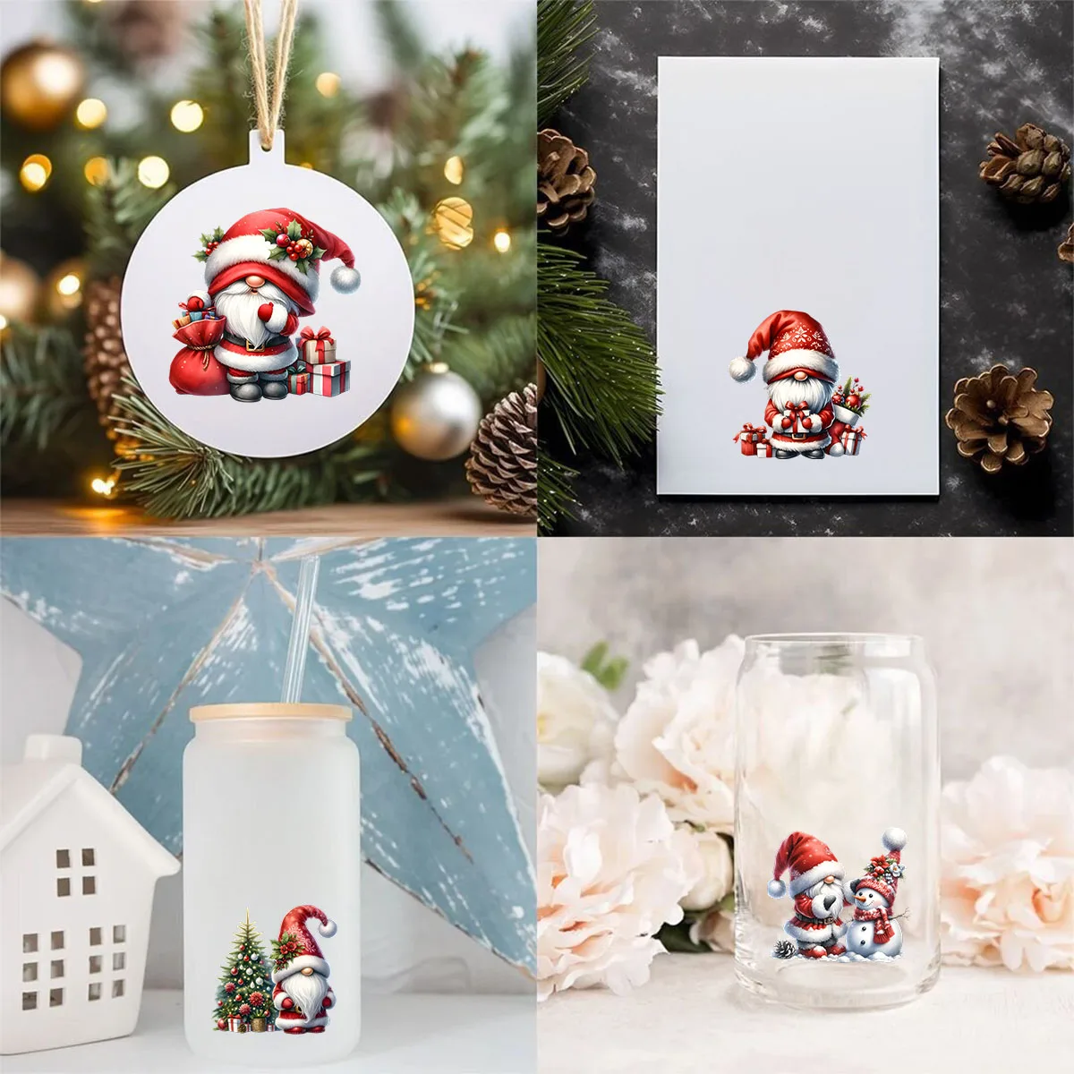 DTF Transfer Sticker 12pcs Christmas Winter Santa Claus Gnome UV DTF Cup Wrap Transfer Sticker Glass Coffee Mugs Decoration Xmas Greeting Cards Decal