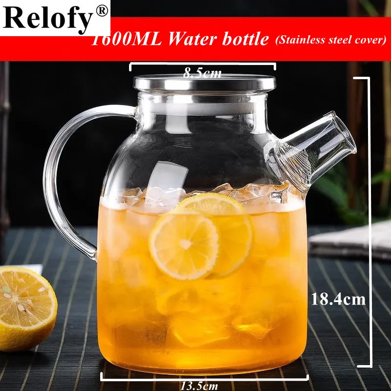 Glass Pitcher Cold Water Jug Glass Water Bottles with Lid Flower Kettle Puer Tea-pot Juice Milk Container 1/1.6L