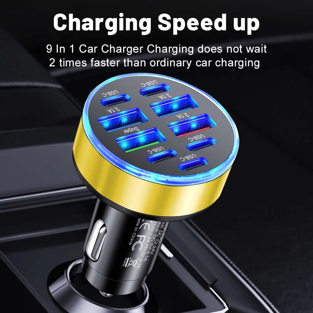 9 in 1 USB Car Charger Type C QC3.0 PD Car Chargers Phone Charger Adapter For iphone 15 14 Pro Max Samsung Xiaomi Huawei